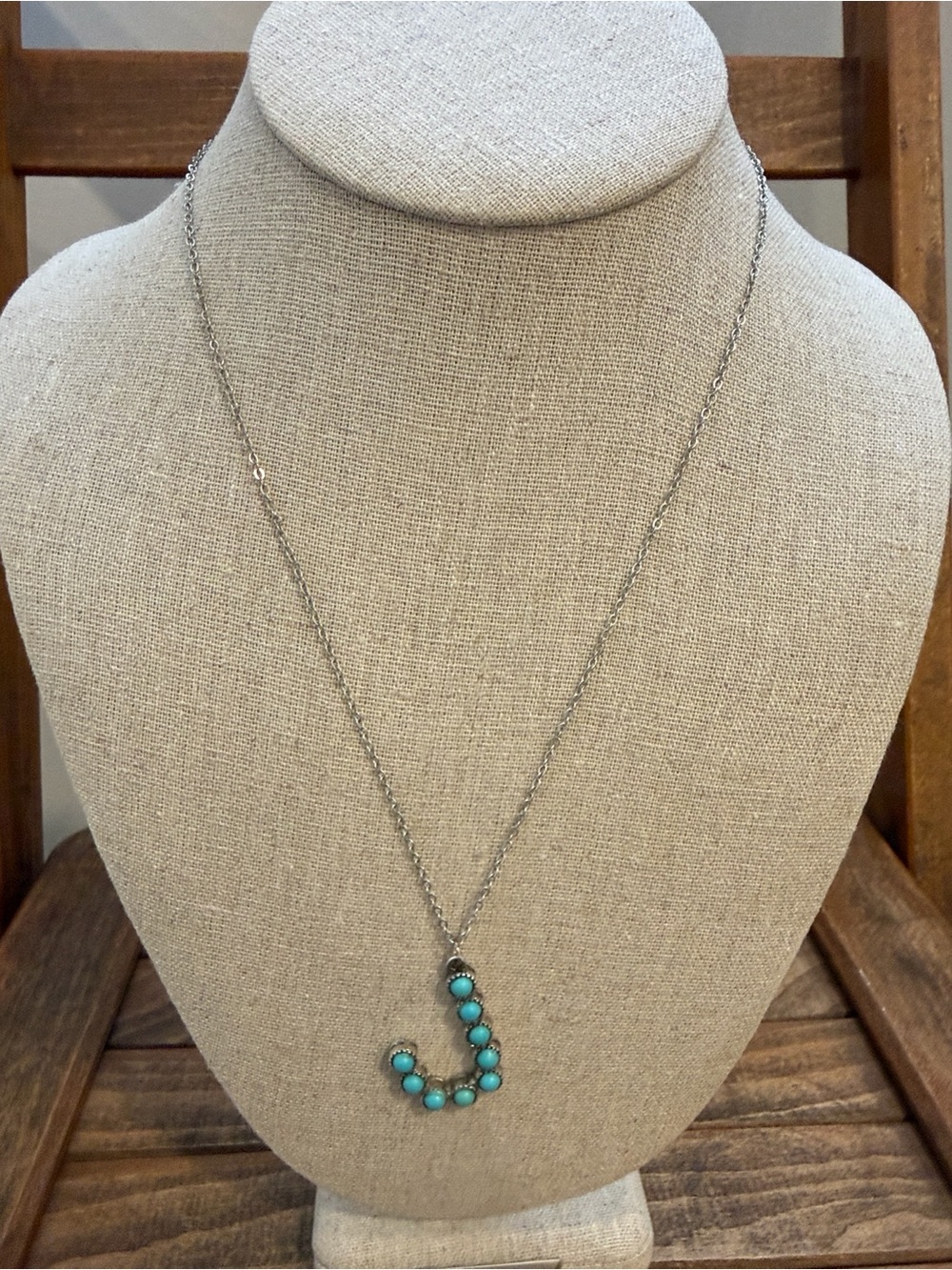 Turquoise Beaded J Pendant Necklace Silver Tone Long Chain Boho Southwestern